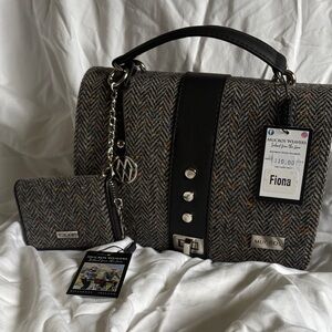 Fiona Black and Gray Tweed Satchel with Matching Wallet